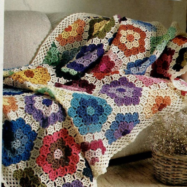 Vintage Crochet Pattern Grandmas Hexagon Flower Garden Afghan PDF Instant Digital Download Floral Motif Blanket Throw