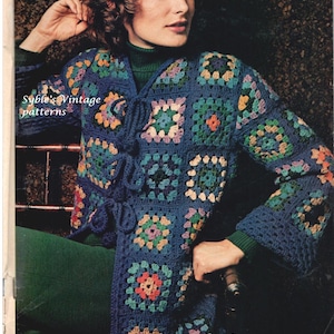 May include: A vintage crochet pattern for a blue granny square jacket with colorful accents. The pattern is called "Syble's Vintage Patterns".