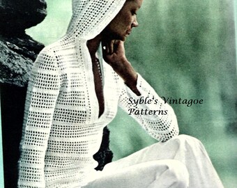 Modello vintage per felpa con cappuccio in pizzo all'uncinetto, pullover traforato (download PDF)