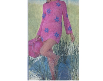 Vintage 70s Crochet Flower Dress Pattern, Hippie Beach Cover-Up (PDF Instant Download)