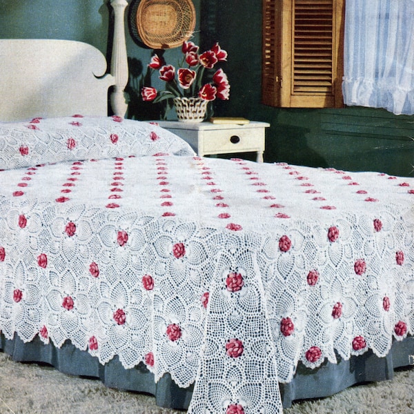 Rose Pineapple Bedspread Pattern, Vintage 1940s Crochet Pattern, Crochet Lace Bedspread,PDF instant download