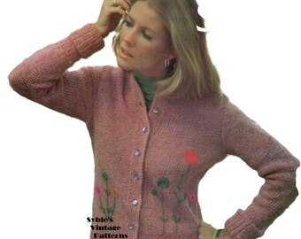 Modello di cardigan in maglia vintage con ricamo floreale Crewel (modello PDF)