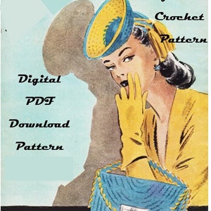May include: A vintage crochet pattern featuring a woman wearing a blue and yellow hat and a yellow dress. The text "This is a Vintage Crochet Pattern" is at the top of the image. The text "Digital PDF Download Pattern" is on the left side of the image. The text "Syble's Vintage Patterns" is at the bottom of the image.