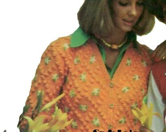 Modello di cardigan lavorato a maglia con dettagli floreali ricamati, moda autunnale retrò (download digitale PDF)