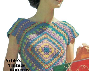 Modello vintage anni '70 per top quadrato a rombi all'uncinetto (download PDF)