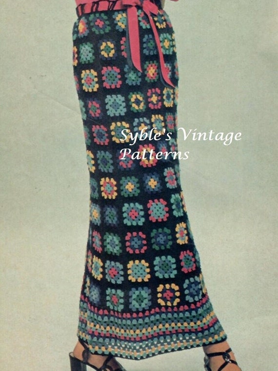 Retro Long Granny Square Skirt Pattern Crochet Hippie Skirt