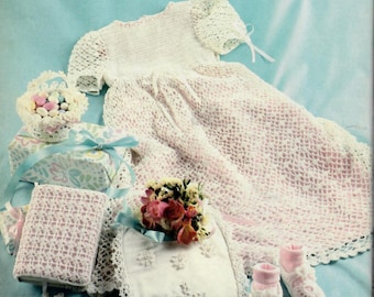 Vintage Häkelmuster Tauf-Set: Kleid, Häubchen, Schühchen (PDF-Muster)