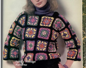 Modello di pullover all'uncinetto Grandma Square PDF da scaricare immediatamente, vestiti hippie retrò Boho Chic Past