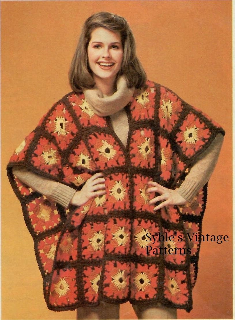 CRochet Granny Square Poncho Vintage Pattern PDF Instant Download Boho Hippie Chic Retro Womens Fashion