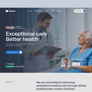 Puede incluir: Una página de inicio de sitio web para Hospic que muestra a un médico con bata blanca sosteniendo un portapapeles y a un paciente con bata azul. La página incluye texto como Exceptional care Better health, Book An Appointment y valoraciones Trustpilot.