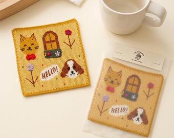 Handmade Crochet Coaster, Puppy & Cat Storybook Mug Rug, Cottagecore Coffee Coaster, Small Dog’s Silly House Gift