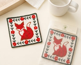 Handmade Crochet Coaster, Secret Garden Fox Mug Rug, Cottagecore Coffee Coaster, Woodland Animal Gift, Storybook Home Decor