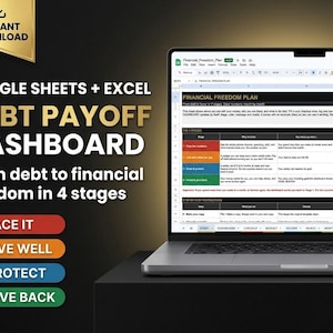 Puede incluir: Un ordenador portátil que muestra un panel de control de pago de deudas en Google Sheets y Excel titulado Financial Freedom Plan. La pantalla muestra un proceso de cuatro etapas: 1 Face It, 2 Live Well, 3 Protect y 4 Give Back, con botones codificados por colores.