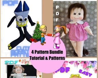 Pattern Bundle 4 in 1,  Rag Doll Pattern, Angel Doll Pattern, Mini Doll Pattern, Cute Monster Pattern, 4 PDF Sewing Patterns & Tutorials