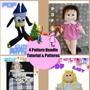 Pattern Bundle 4 in 1, Rag Doll Pattern, Angel Doll Pattern, Mini Doll Pattern, Cute Monster Pattern, 4 PDF Sewing Patterns & Tutorials image 1