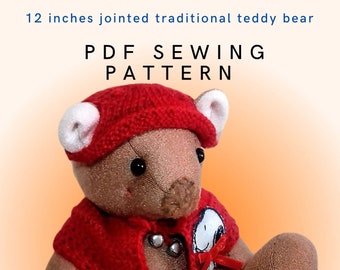 Sewing Pattern for Teddy Bear, Stuffed Teddy Bear Pattern, Jointed Teddy Bear, 12" Teddy Bear Pattern, PDF digital download.