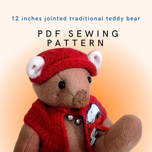 May include: A 12-inch jointed teddy bear sewing pattern. The pattern includes instructions on how to make a jointed teddy bear. The teddy bear in the image is wearing a red knitted hat and a red knitted vest.