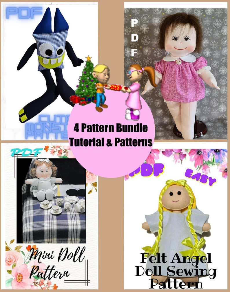Pattern Bundle 4 in 1, Rag Doll Pattern, Angel Doll Pattern, Mini Doll Pattern, Cute Monster Pattern, 4 PDF Sewing Patterns & Tutorials image 1