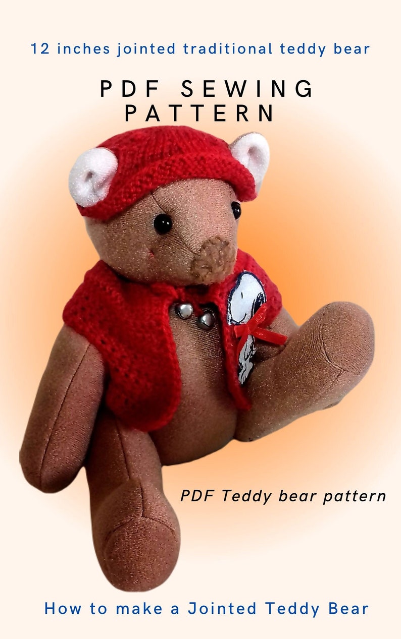 Sewing Pattern for Teddy Bear, Stuffed Teddy Bear Pattern, Jointed Teddy Bear, 12 Teddy Bear Pattern, PDF digital download. image 1