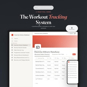 Può includere: Un'interfaccia digitale per The Workout Tracking System, una guida pratica per Notion. Lo schermo mostra un database di esercizi con colonne per nome, obiettivo, attrezzatura e movimento, insieme a una vista per dispositivo mobile.