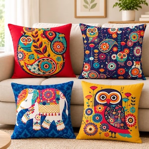 Colorful Owl Elephant Cushion Covers, Folk Art Animal Print Pillow Covers, Boho Sofa Decor, Vibrant Decorative Throw Pillows