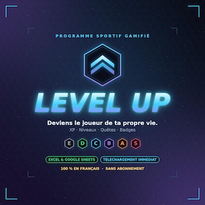 May include: A digital graphic for a gamified fitness program titled LEVEL UP. It features a blue glowing chevron icon in a hexagon, the text PROGRAMME SPORTIF GAMIFIÉ, and a row of six colored hexagons labeled E, D, C, B, A, and S.