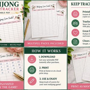 May include: A printable Mahjong score tracker PDF featuring a grid layout with columns for player names, four game rounds, and a total score. The document includes floral accents, the text Mahjong Score Tracker, and instructions for download and use.