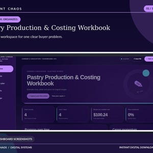May include: A digital dashboard interface titled Pastry Production & Costing Workbook, featuring a dark purple theme with navigation menus, data summary boxes, and progress metrics for recipe management and cost estimation.