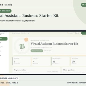 Może przedstawiać: Cyfrowy interfejs pulpitu nawigacyjnego zatytułowany Virtual Assistant Business Starter Kit od Brilliant Chaos. Ekran przedstawia przegląd z sekcjami dla rekordów, planów działania, raportów i ustawień, zawierający metryki danych i śledzenie postępów.
