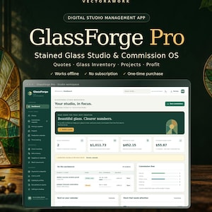 May include: GlassForge Pro digital studio management app for stained glass artists. The interface displays a dashboard with project tracking, financial summaries, and commission management tools on a dark green background.