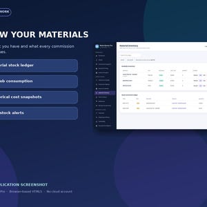 Może przedstawiać: Zrzut ekranu interfejsu cyfrowego zatytułowany Know Your Materials, z ciemnoniebieskim tłem i białym panelem pulpitu nawigacyjnego. Panel zawiera tabelę zapas&oacute;w materiał&oacute;w, rejestr stan&oacute;w magazynowych oraz menu oprogramowania MakerQueue Pro.