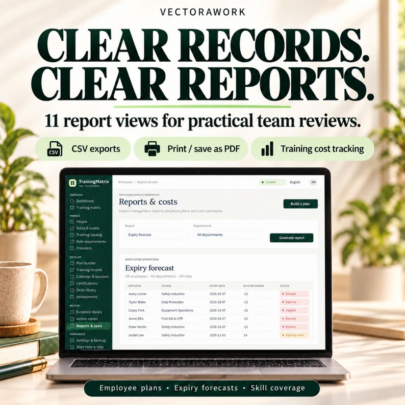 May include: A laptop screen displays the TrainingMatrix software interface showing a Reports and costs dashboard. Text above reads CLEAR RECORDS. CLEAR REPORTS. 11 report views for practical team reviews. CSV exports, Print/save as PDF, and Training cost tracking icons are visible.