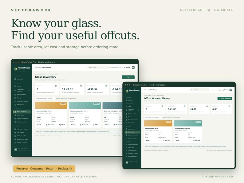 May include: A digital interface for GlassForge Pro software displaying glass inventory and offcut library screens. The dashboard features dark green sidebars, white data cards, and text including Know your glass. Find your useful offcuts.