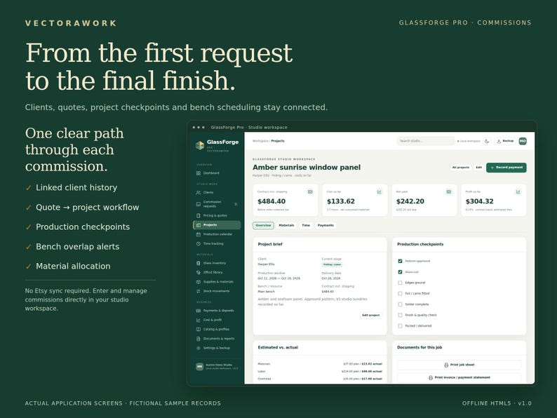 May include: A dark green promotional graphic for GlassForge Pro software featuring a digital dashboard interface titled Amber sunrise window panel, displaying project briefs, production checkpoints, and financial data for commission management.