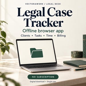May include: A laptop displaying a dark green folder icon on its screen. Text above reads: VECTORAWORK / LEGAL DESK, Legal Case Tracker, Offline browser app, Clients • Tasks • Time • Billing. Below is a button stating NO SUBSCRIPTION.