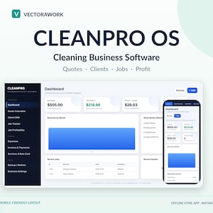 May include: CleanPro OS cleaning business software interface displayed on a desktop dashboard and a mobile device. The layout features sections for quotes, clients, jobs, and profit, with a dark sidebar menu and a light-colored main dashboard area.