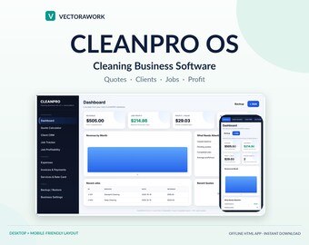 May include: CleanPro OS cleaning business software interface displayed on a desktop dashboard and a mobile device. The layout features sections for quotes, clients, jobs, and profit, with a dark sidebar menu and a light-colored main dashboard area.