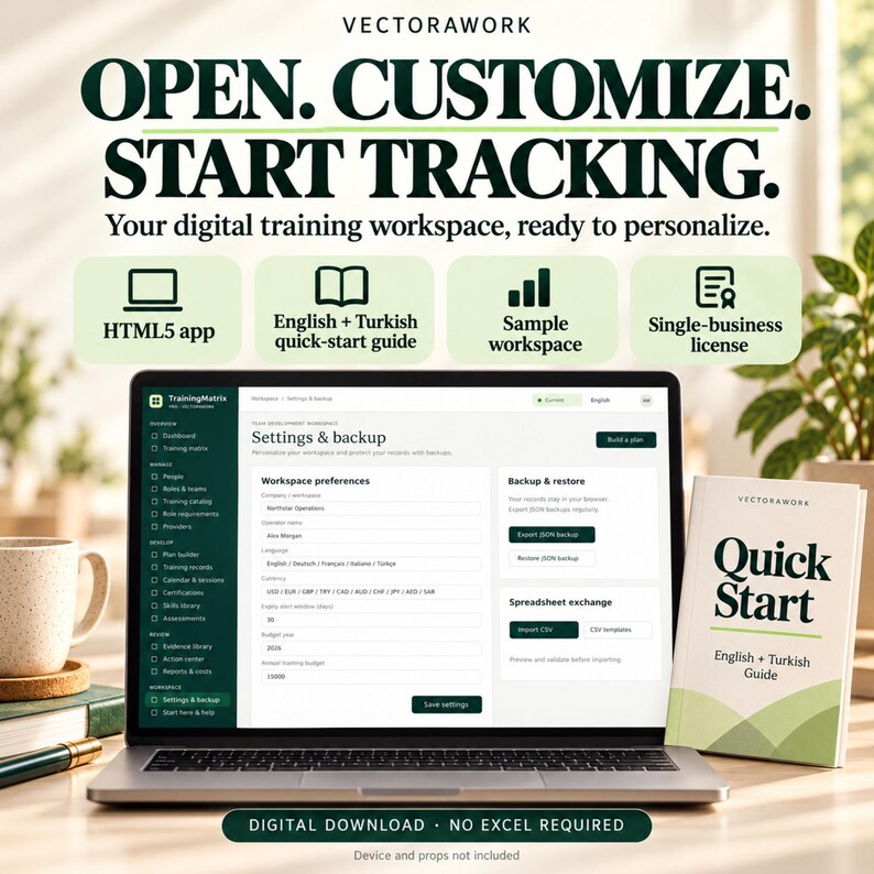 May include: A laptop displaying the Vectorawork TrainingMatrix software interface with settings and backup options. The screen shows text including OPEN. CUSTOMIZE. START TRACKING. and a Quick Start guide booklet is placed next to the laptop.