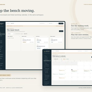May include: A digital interface for Timepiece Bench Pro software, displaying a repair bench service board with task cards and a work queue calendar. The layout features a dark sidebar, light background, and text including Keep the bench moving.