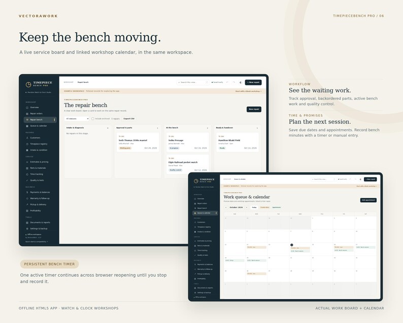 May include: A digital interface for Timepiece Bench Pro software, displaying a repair bench service board with task cards and a work queue calendar. The layout features a dark sidebar, light background, and text including Keep the bench moving.