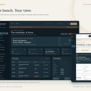 May include: A digital interface for Timepiece Bench Pro displayed on a desktop monitor and a mobile phone. The dark-themed dashboard features navigation menus, repair order lists, service pipeline metrics, and text reading Your bench. Your view.