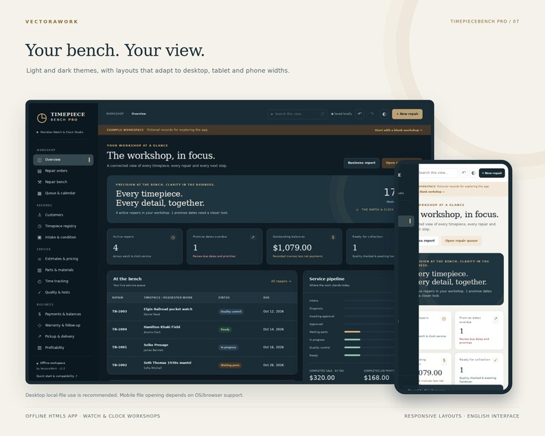 May include: A digital interface for Timepiece Bench Pro displayed on a desktop monitor and a mobile phone. The dark-themed dashboard features navigation menus, repair order lists, service pipeline metrics, and text reading Your bench. Your view.