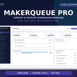 Może przedstawiać: Interfejs oprogramowania MakerQueue Pro do zarządzania zleceniami na fursuity i cosplay. Pulpit nawigacyjny wyświetla wskaźniki finansowe, aktywne kolejki zleceń, terminy i wykresy przychod&oacute;w na ciemnoniebieskim tle.