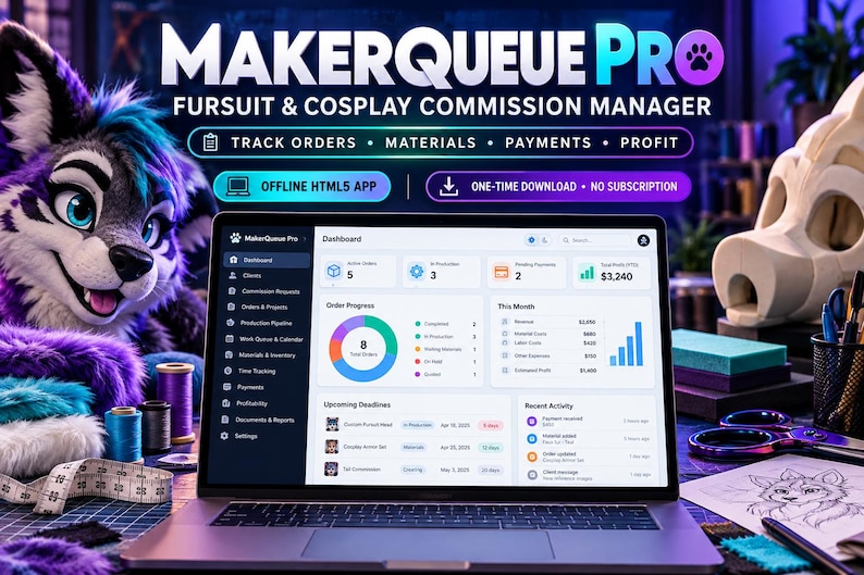 Może przedstawiać: Laptop z pulpitem nawigacyjnym MakerQueue Pro, oprogramowaniem do zarządzania zleceniami na fursuity i cosplay. Ekran pokazuje postęp zam&oacute;wień, przychody i terminy. W otoczeniu znajduje się głowa fursuita, szpulki nici i taśma miernicza.