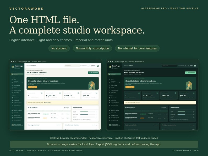 May include: A digital interface display titled GlassForge Pro showing a studio workspace in both light and dark themes. The text reads: One HTML file. A complete studio workspace. English interface, light and dark themes, imperial and metric units.