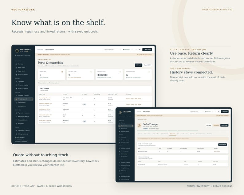 May include: A digital interface for Timepiece Bench Pro software displaying inventory management screens. The layout features dark sidebars, light data tables, and text headers including Know what is on the shelf and Parts & materials.