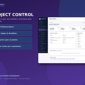 Może przedstawiać: Zrzut ekranu interfejsu cyfrowego zatytułowany PROJECT CONTROL przedstawiający oprogramowanie MakerQueue Pro. Pulpit nawigacyjny zawiera projekty powiązane z klientami, etapy budowy, terminy i specyfikacje.