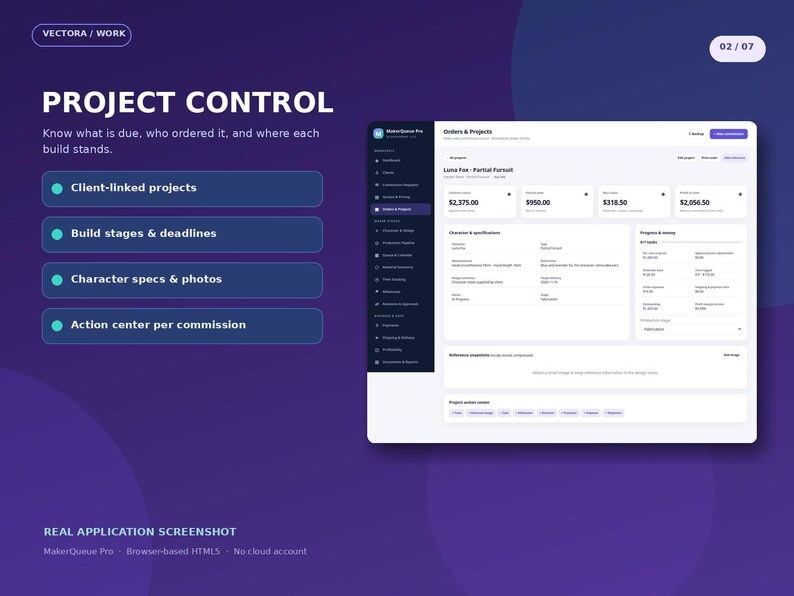 Może przedstawiać: Zrzut ekranu interfejsu cyfrowego zatytułowany PROJECT CONTROL przedstawiający oprogramowanie MakerQueue Pro. Pulpit nawigacyjny zawiera projekty powiązane z klientami, etapy budowy, terminy i specyfikacje.