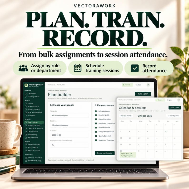 May include: A laptop screen displays the Vectorawork software interface with the text PLAN. TRAIN. RECORD. From bulk assignments to session attendance. Features include assign by role, schedule training, and record attendance icons.