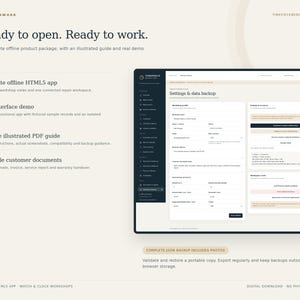 May include: A digital product display for Timepiecebench Pro featuring the text Ready to open. Ready to work. It includes a complete offline HTML5 app, a real-interface demo, a 15-page illustrated PDF guide, and printable customer documents.